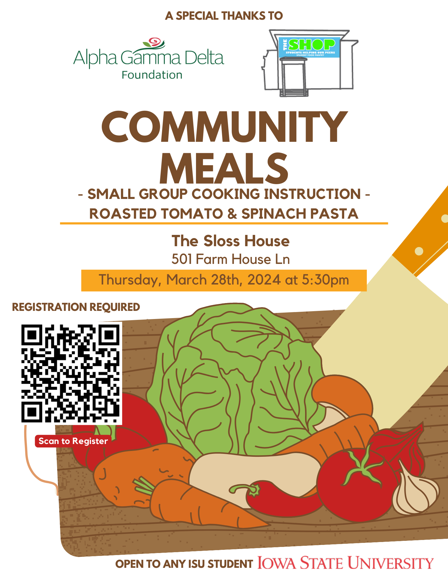 Flyer with vegetables on it.  Community meal at Sloss House on Thursday, March 28th at 5:30.  Small Group Cooking Instruction. Roasted tomato and spinach pasta