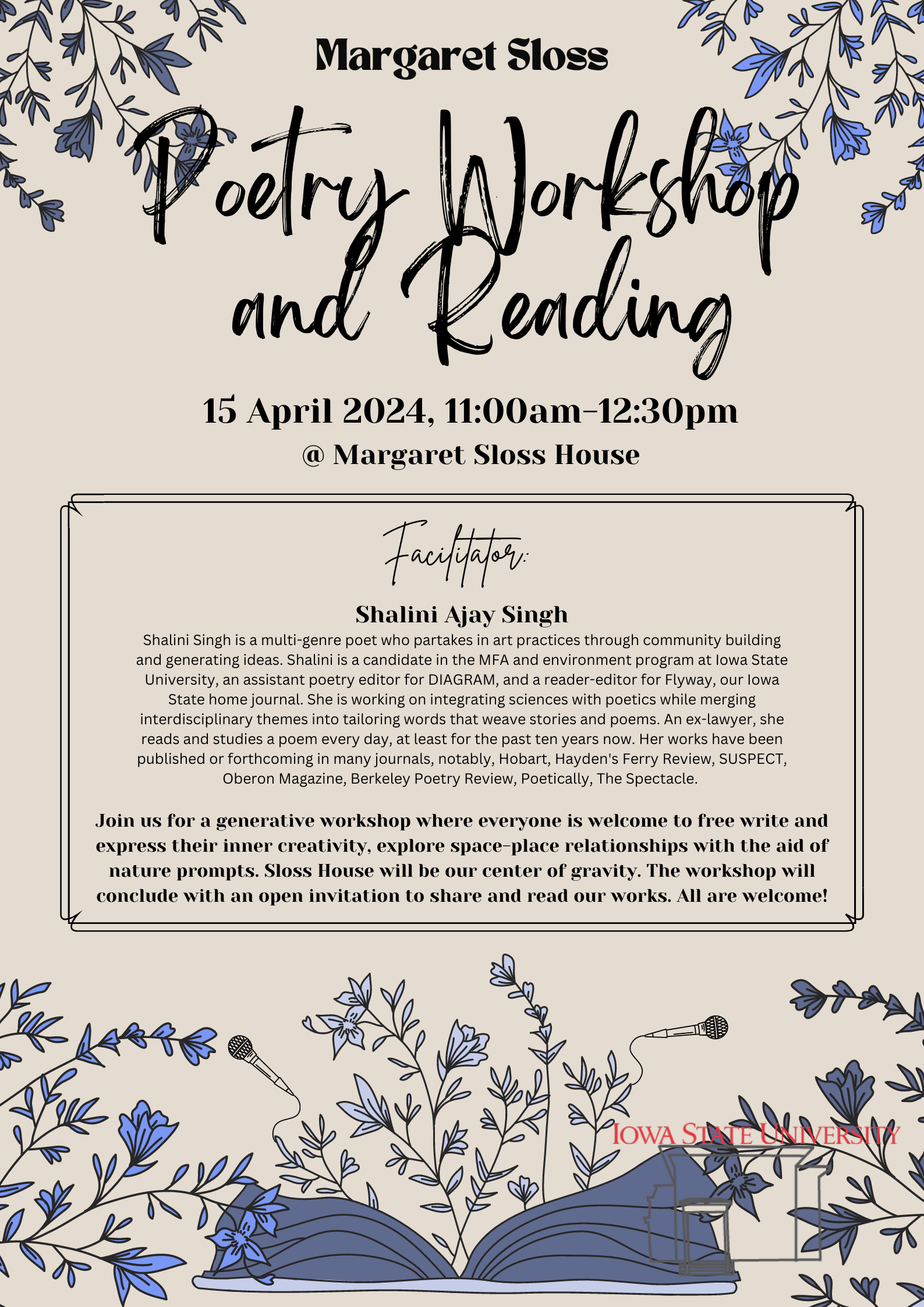 Flyer: Poetry Workshop and Reading held April 15th, 11-12:30 at Sloss House