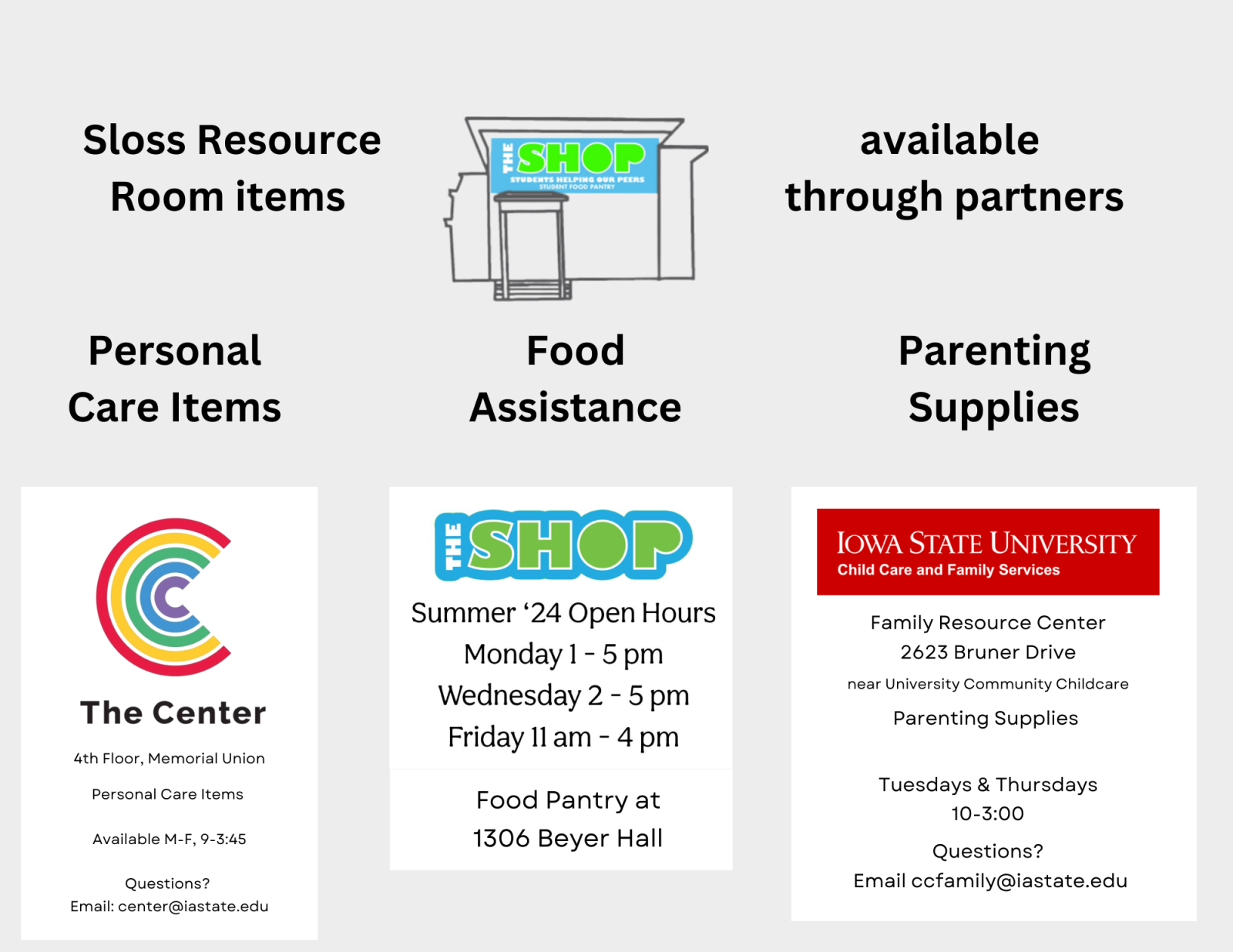 Sloss RR is closed for renovations.  Personal Care items are available at the Center. Food assistance is available through the SHOP.  Parenting supplies are available at the Office of Childcare and Family Services. 